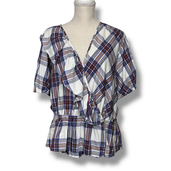 NWT Free Assembly White & Blue Plaid Wrap Top w/ Peplum Waist  with Ruffle XXXL - Picture 2 of 7